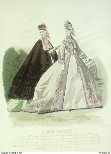 Gravure Modes parisiennes 1864 n°1106 Robes velours garnies de rubans manteau