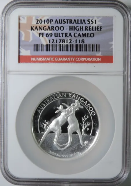 2010 Australia Kangaroo High Relief $1 Silver 1oz Coin NGC PF70 Ultra Cameo