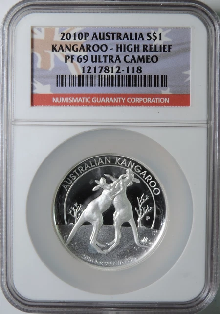 2010 Australia Kangaroo High Relief $1 Silver 1oz Coin NGC PF70 Ultra Cameo