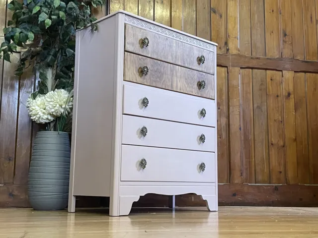 Vintage Walnut Chest of Drawers by Lebus  Pink Tallboy Chest of Drawers  Draws