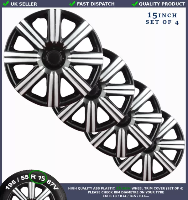 4x 15 INCH WHEEL TRIM HUB CAP COVER HIGH QUALITY ABS BLACK SILVER RNT SEA W445D1