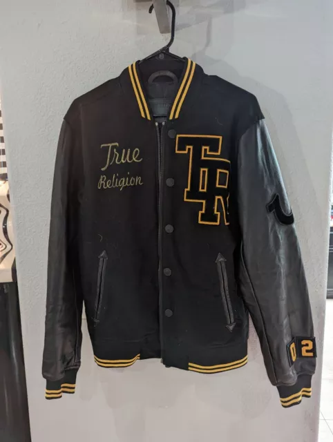 True Religion Property Of None Varsity Jacket Leather Sleeves Skull Men’s Medium