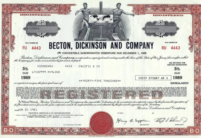 Becton, Dickinson and Company, 1981,  5% Debenture due 1989 (35.000 $)
