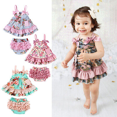 2PCS Newborn Baby Girls Summer Cami Strappy Tops Ruffle Shorts Floral Outfit Set