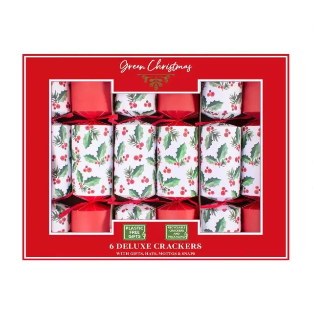 6 Christmas Crackers Eco-Friendly Deluxe Luxury Red And White Holly Xmas Party