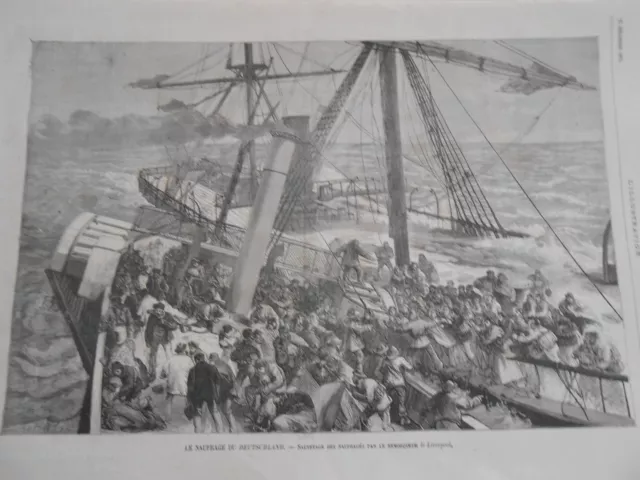 Engraving 1875 - Shipwreck du Deutschland Rescue by the Remover Le Liverpool