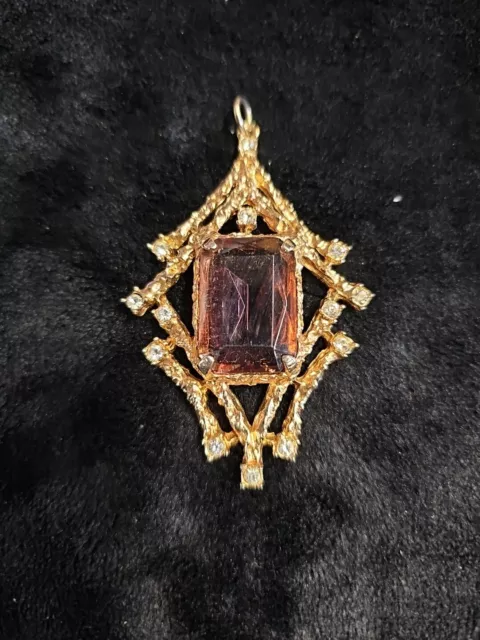 Vintage 1970's Pendant   Bright Gold Color  Faux Gemstone & Rhinestones  3"