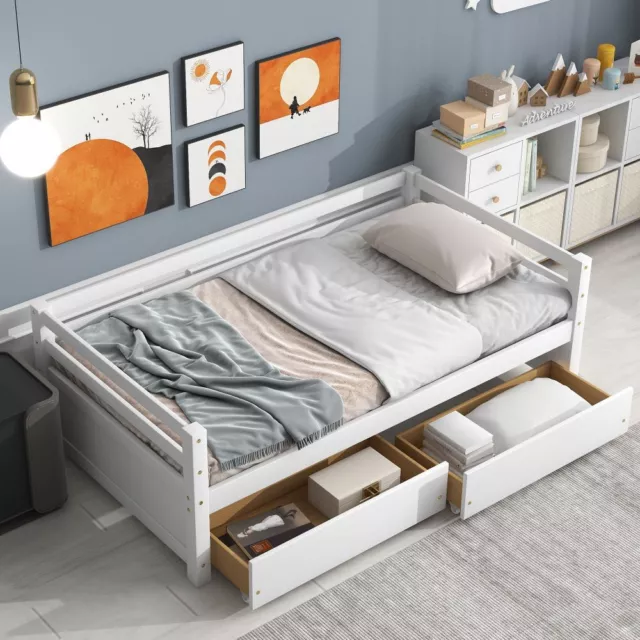 Wood Bed Frame Twin Size Daybed With Two Drawers Storage Furniture for Kids