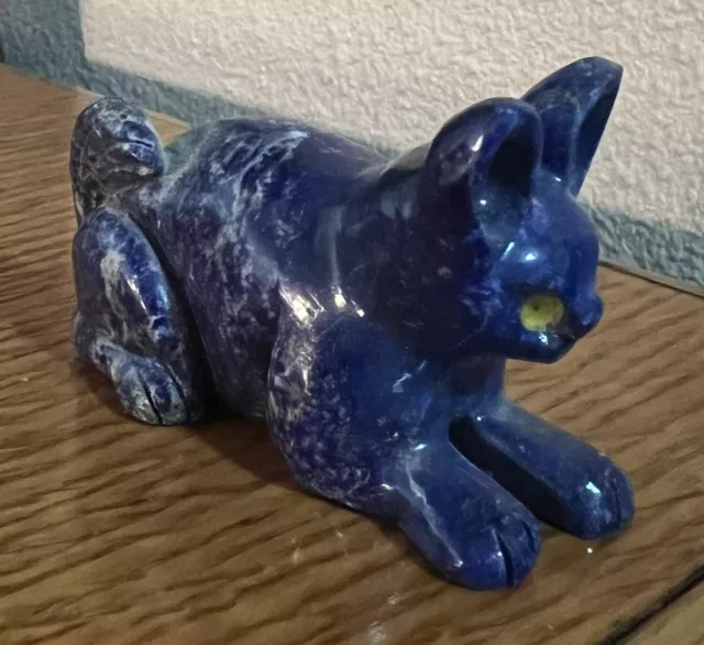 Lapis Lazuli Crouching Cat Hand Carved Figurine Deep Blue 3 In Long x 2 In High