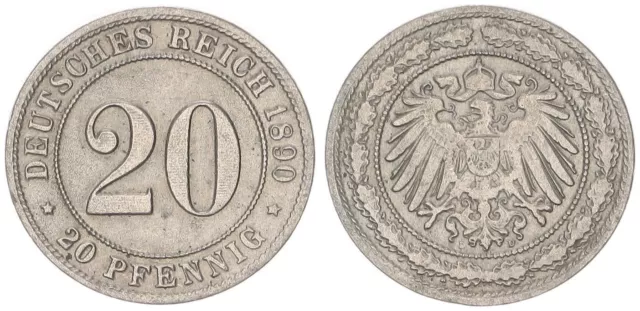 Kaiserreich 20 Pfennig 1890 D ss+ 106352