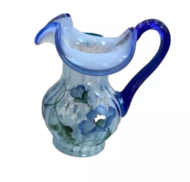 Fenton Art Glass Blue Topaz Opalescent Pitcher Hand Painted And Signed