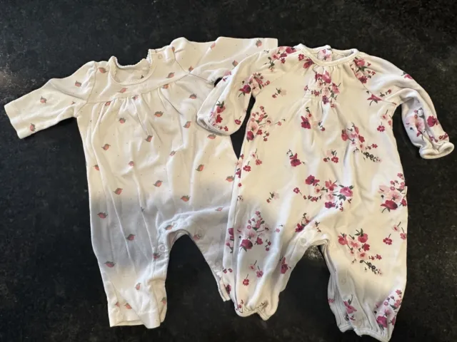 Baby Gap Girls 0-3 Months Set Of 2 Sweet Rompers Floral & Birds White & Pink