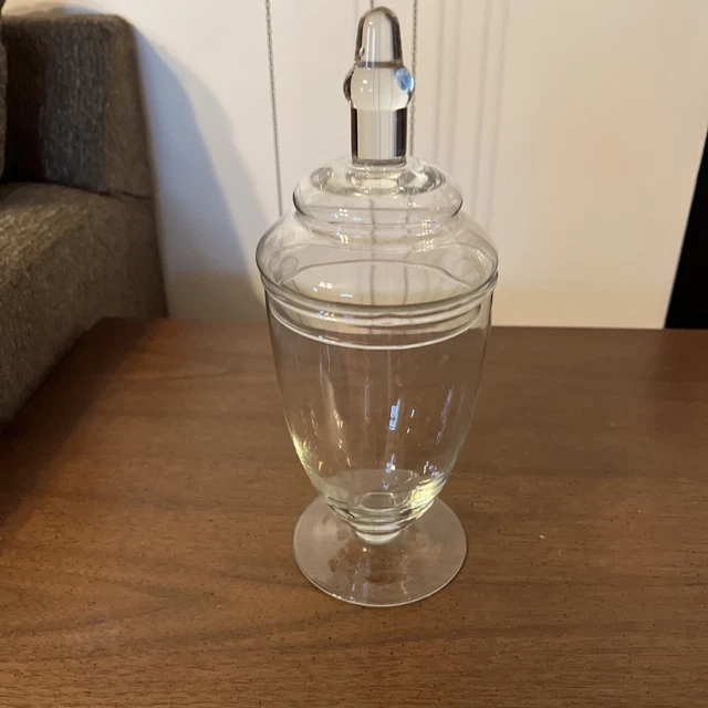 CLEAR GLASS FOOTED apothecary jar with lid Excellent Condition 15.00