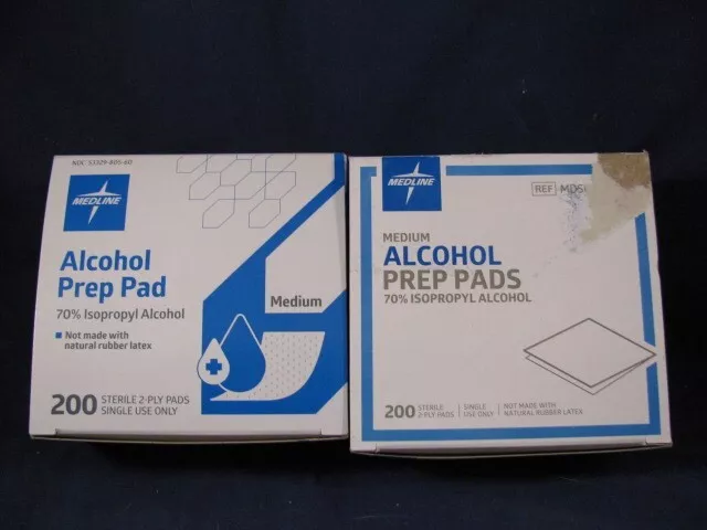 Dos (2) almohadillas medianas de preparación de alcohol Medline almohadillas estériles de 2 capas, 200/BX, nuevas