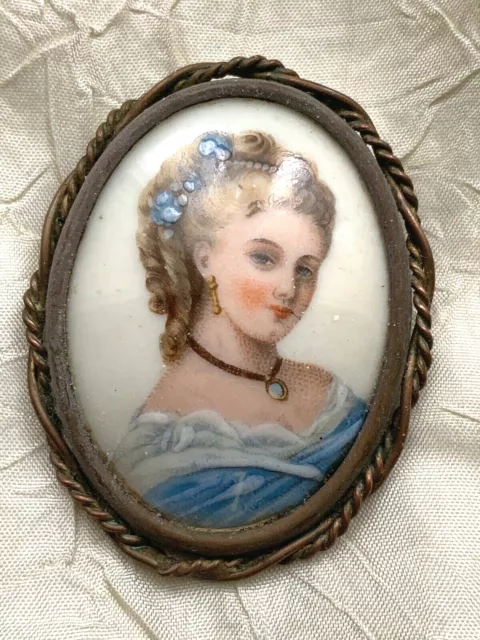 Unique French Antique Brooch - Hand painted Cameo - Porcelain - Ladies portrait