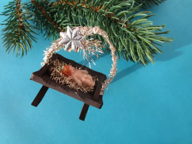 Christbaumschmuck, alt, Krippe, Jesuskind, Holz, Wachs, Tinsel, Stern-Oblate