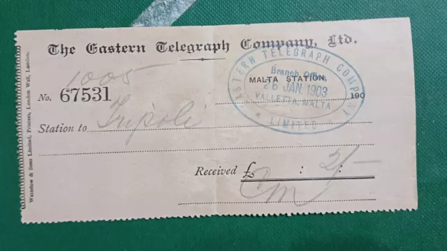 RARE Malta Eastern Telegraph Company Malta Station Receipt 1903 with handstamp