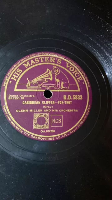 Rare 78rpm record, V+, GLENN MILLER : Caribbean Clipper , HMV B.D.5833