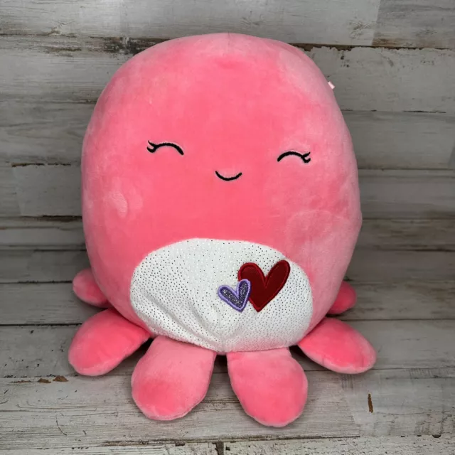 Squishmallow Pink Octopus Abby Valentines Hearts Sparkle Eyes Closed Plush 8"