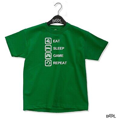 Eat Sleep Game Repeat Kids Green T-Shirt Birthday Boys Girls Gamer Icons Xbox