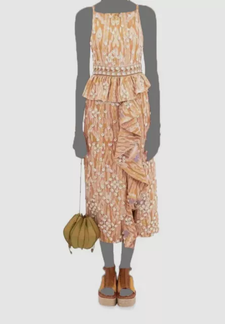 $725 Ulla Johnson Women's Beige Sea-Shell Embroidered Ruffled Midi Dress Size 00