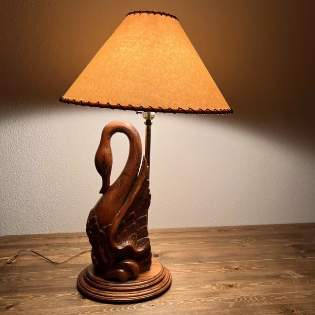 Vintage 1988 Bella Lighting Carved Heavy Oak Wood Table Lamp Swan Bird Sculpture