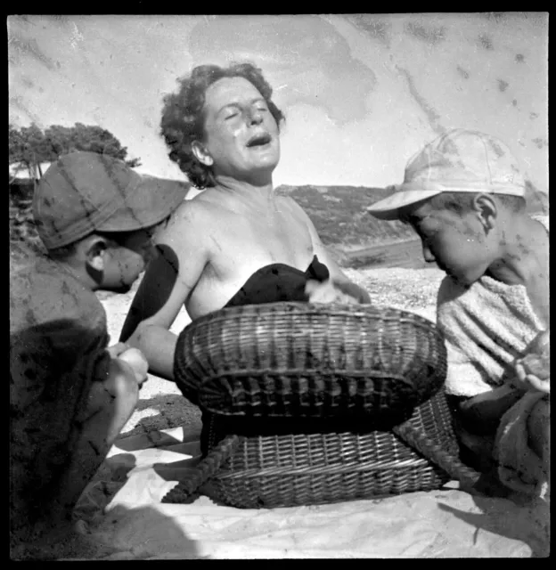 Women Kids at the Beach Negative Antique Photo + Original Print Year. 1950