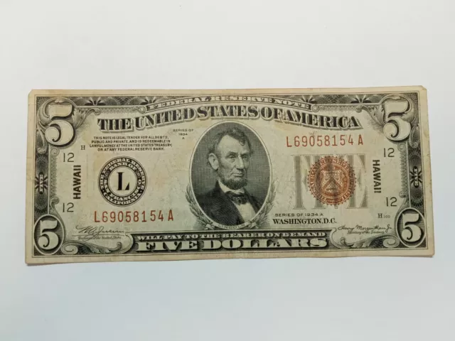 Series 1934 A "Hawaii" Wwii Emergency Issue $5 Silver Certificate Note (C88)