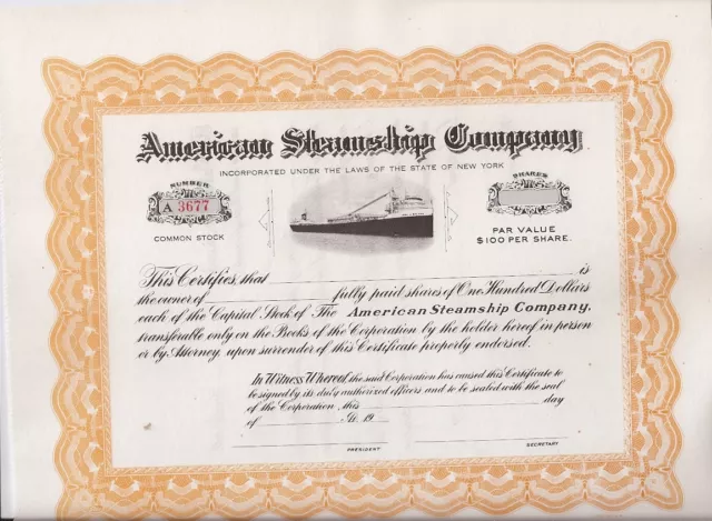 American Steamship Company....unissued Common Stock Certificate