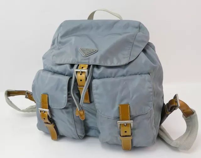Authentic PRADA Blue Vela Nylon and Gold Leather Backpack Bag Purse #56016