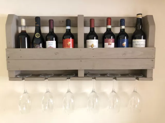 Cantinetta Vino Rustica Shabby Da Parete Portabottiglie E Calici In Legno