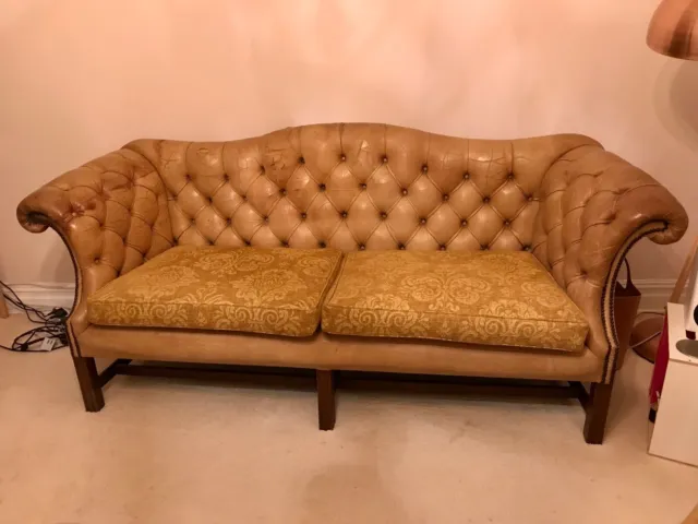 Antique Vintage Tan Leather Slimline Chesterfield Sofa 3 Seater fabric cushions