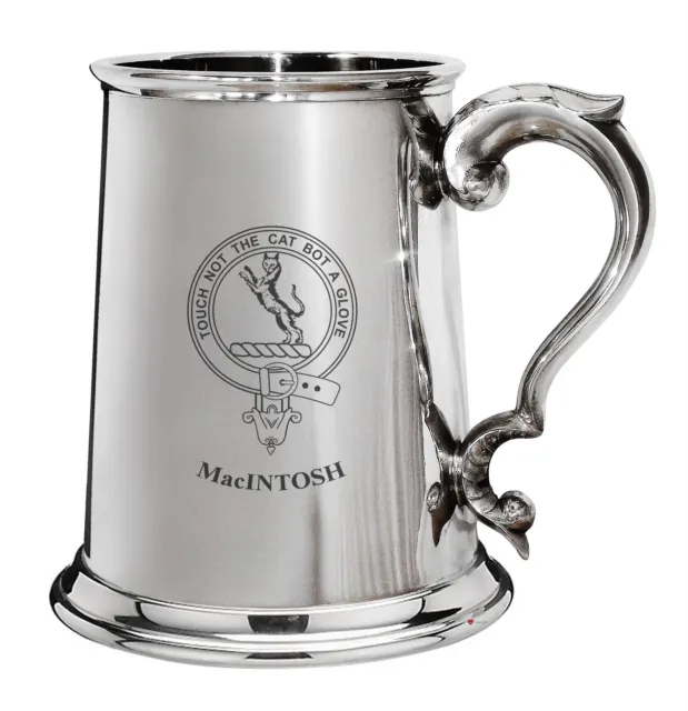 MacIntosh Family Crest Polished Pewter 1 Pint Tankard with Scroll handle