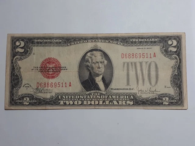 1928- F Series Large Red Seal  $2 Dollar Bill  ( Circulated)