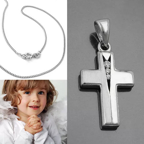 Zirkonia Kinder Kreuz Anhänger zur Taufe Kommunion Firmung mit Kette Silber 925