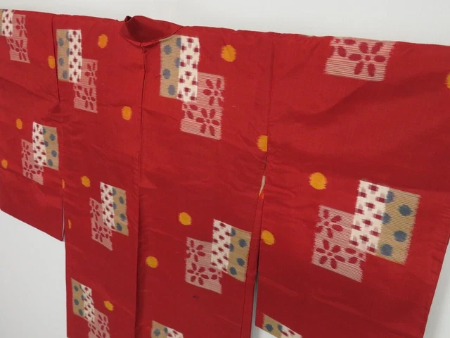 0526i01z460 Vintage Japanese Kimono Silk MEISEN LONG HAORI Dark red Flower 3
