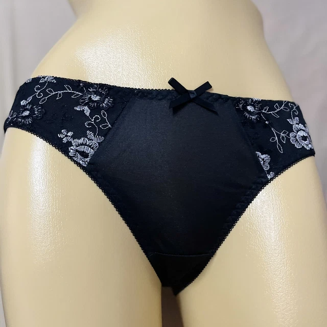 RARE BLACK PANTIES Nylon Brief Low Waist Lace Bikini HiCut Sz.7 Glossy