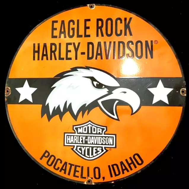 Vintage Art HARLEY EAGLE ROCK PORCELAIN ENAMEL SIGN Rare Advertising 30" Dia.