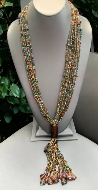 Vintage Art Glass Tigers Eye Beads Multi Strand Boho Beaded Tassel Necklace 30”