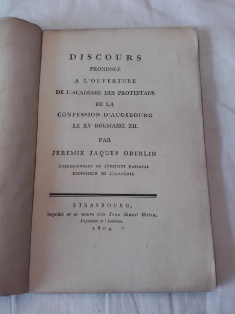 Discours à l'Académie des Protestants - Oberlin - Strasbourg - 1804