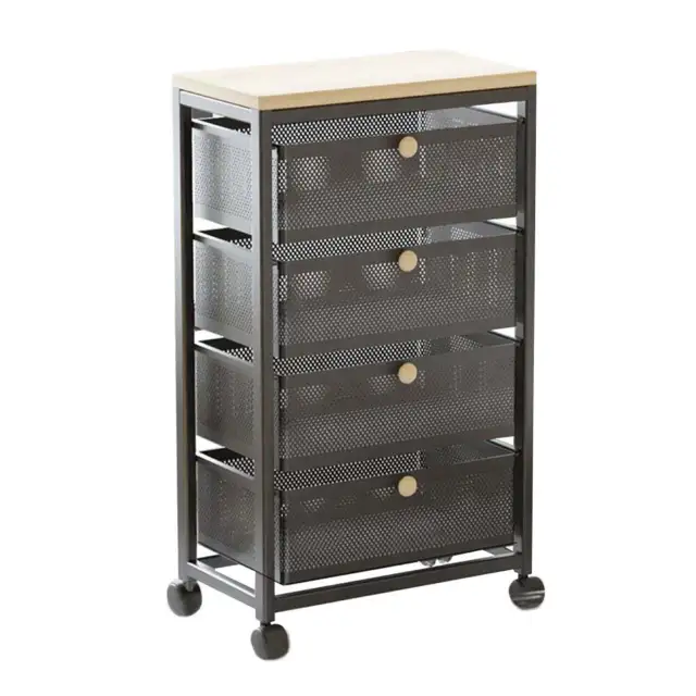 Mesh Cabinet Storage Organizer with Pull-Out Basket 4-Tier Black W/Swivel Wheel