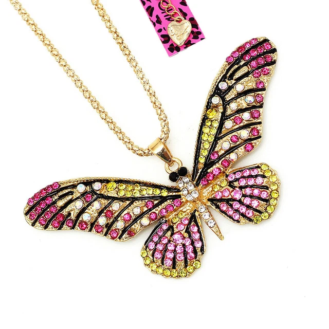 Betsey Johnson Crystal Rhinestone Cute Butterfly Pendant Sweater Chain Necklace