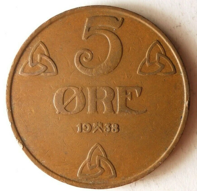 1938 NORWAY 5 ORE - Excellent Coin - FREE SHIP - BARGAIN BIN #44