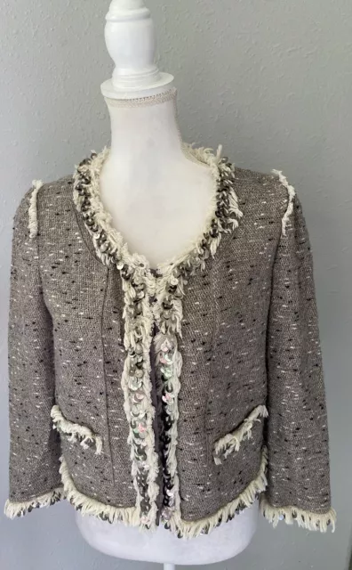 REBECCA TAYLOR Tweed JACKET BLAZER Hook And Eye Closure And Fringe 3