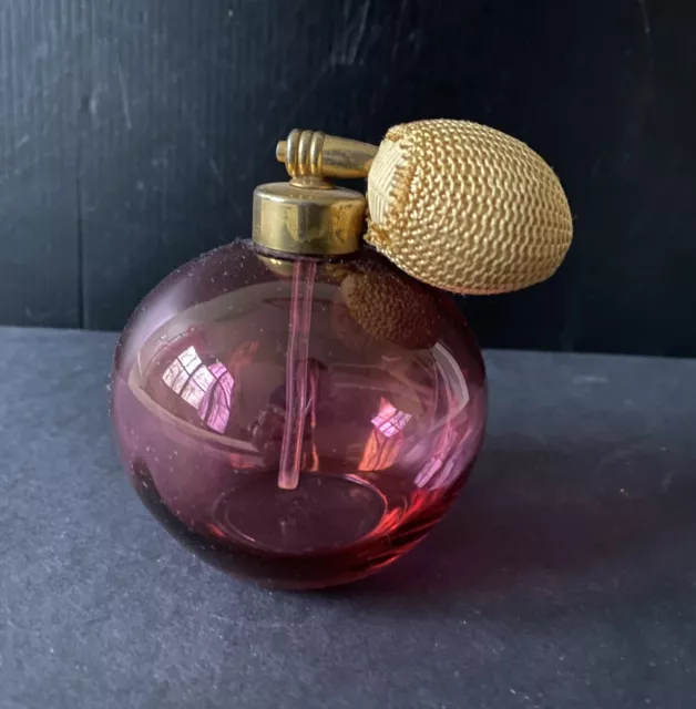 Vintage Cranberry Glass & Brass Perfume Atomizer w/ Mesh Pump Bulb Vanity