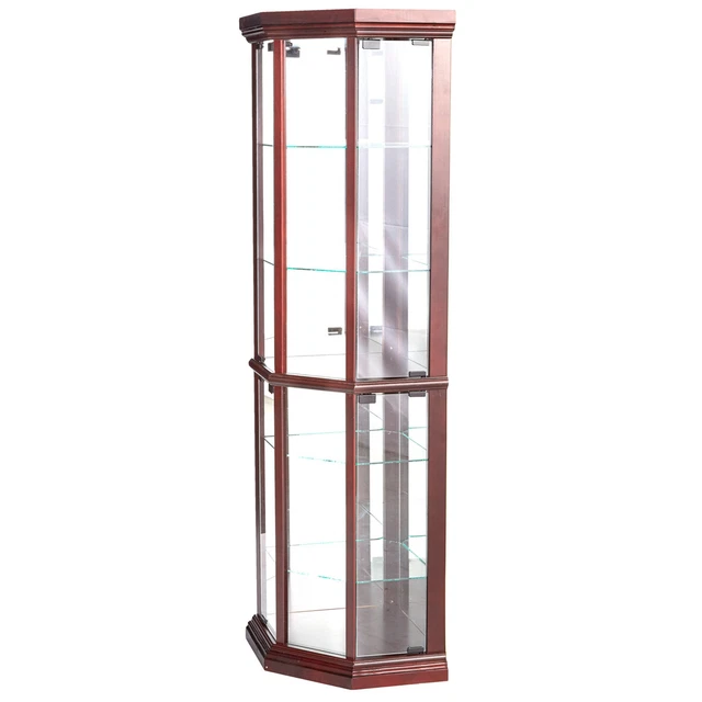 71 Inch China Curio Corner Cabinet, 4 Door 5 Shelves, Wood, Cherry Brown-