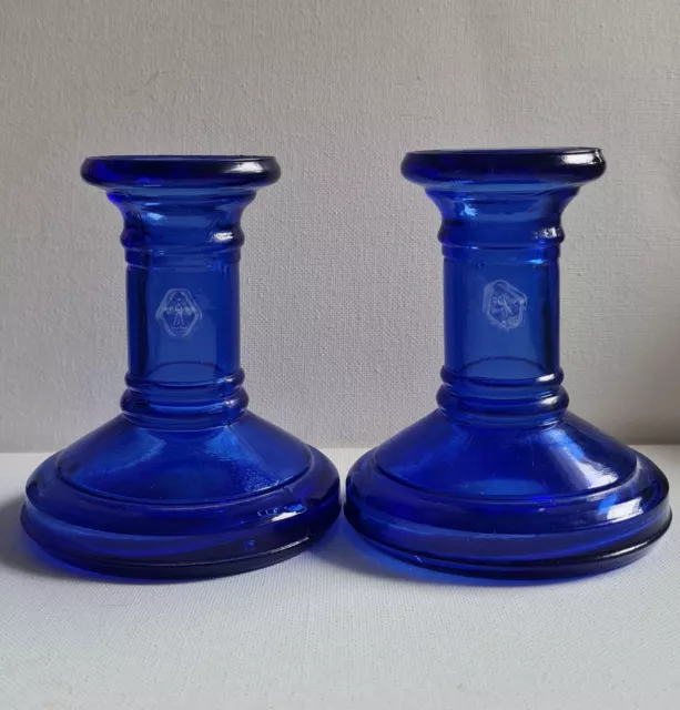 Vintage Cobalt Blue Glass Candlestick Holders by Vidrios De Levante Spain