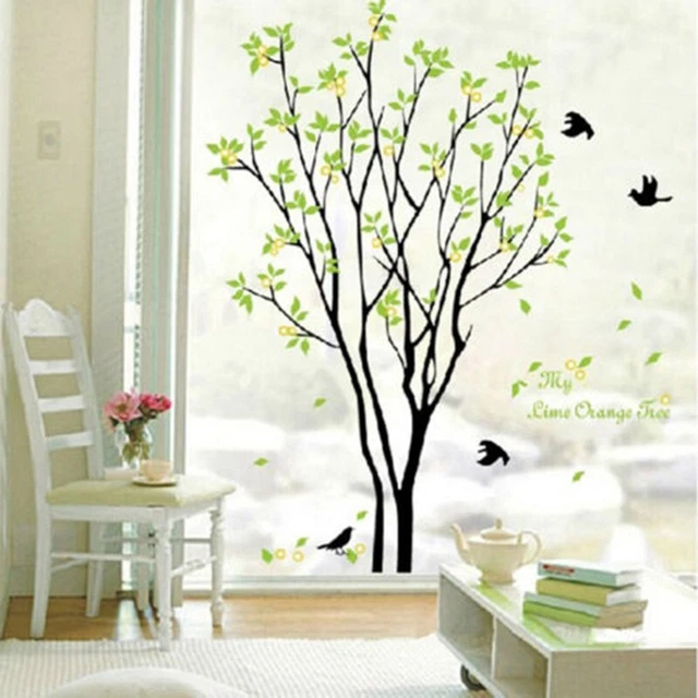 Sticker Mural Branche Arbre Feuilles Chat - Autocollant Amovible Vinyle Noir
