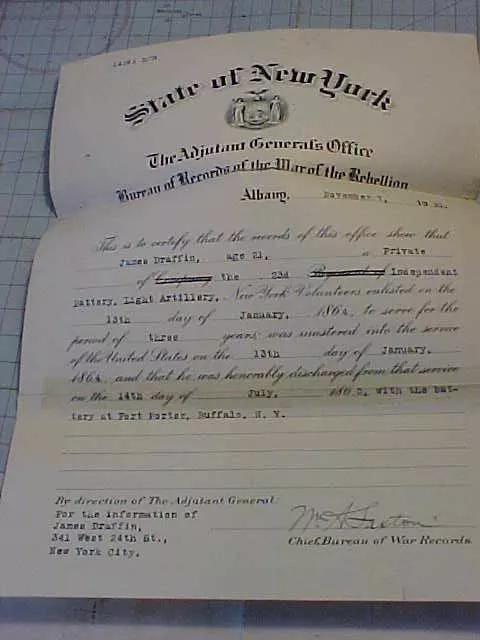 Original 1921 Ny Issued Discharge Paper For 23Rd Artllery Civil War Veteran Original 1921 Ny Issued Discharge Paper For 23Rd Artllery Civil War Veteran