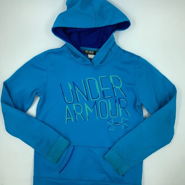 Under Armour Boys Hoodie Blue Spell Out Loose Fit Long Sleeve Pockets Pullover M